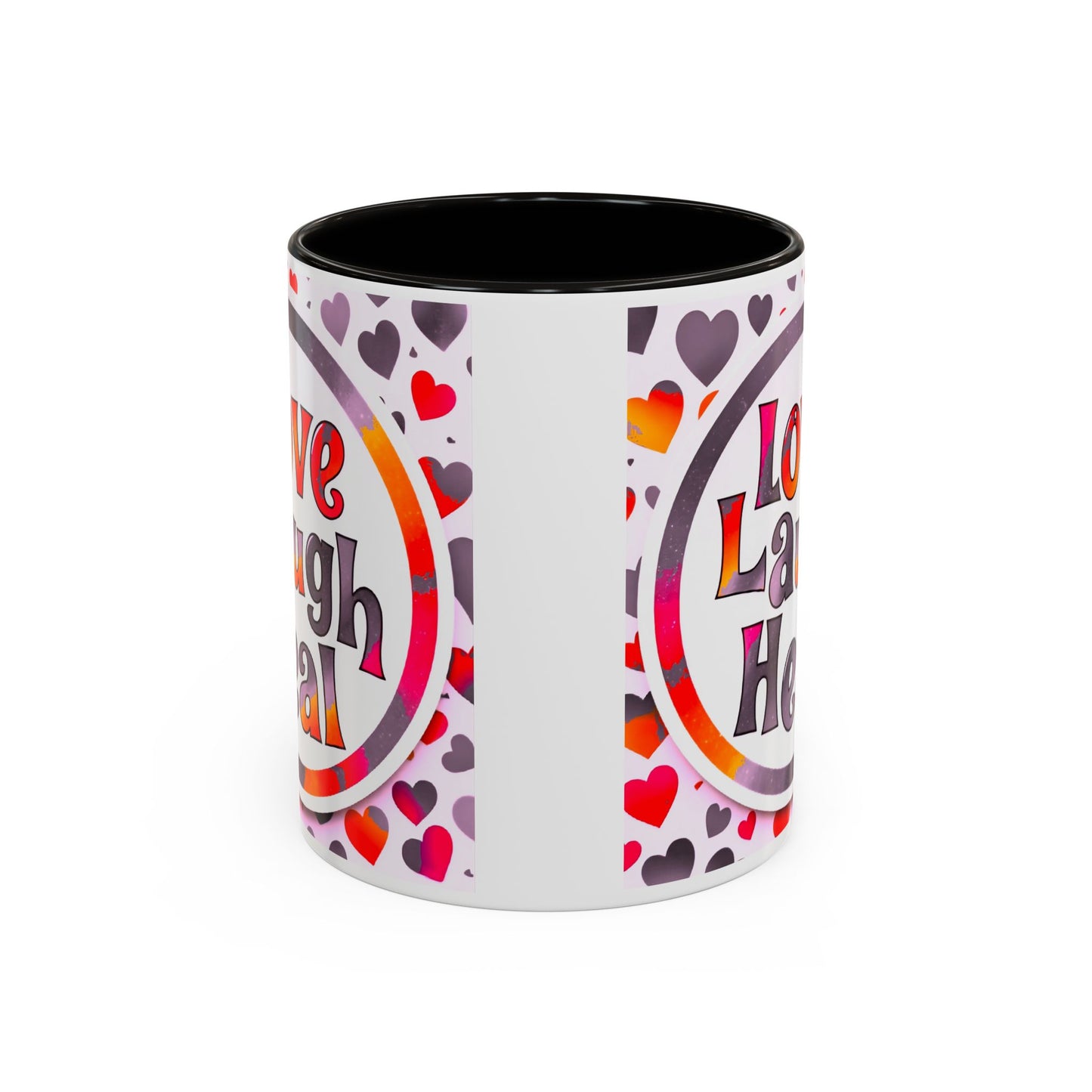 Healing Starts with a Sip: Warm Color Hearts "Love - Laugh - Heal" Mug 11 oz or 15 oz- Inspirational Gifts